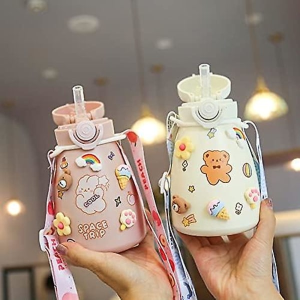 Kawaii vannflaske, sugerør og stor magekopp isolert kald vannflaske (500 ml, grønn)