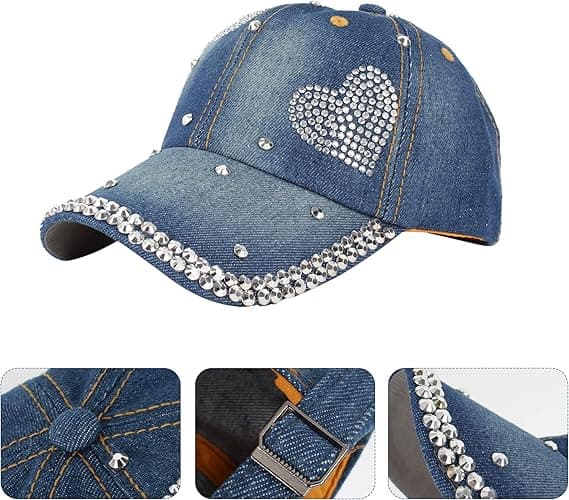 Baseballkasket til kvinder i denim, solhat i bomuld med rhinsten
