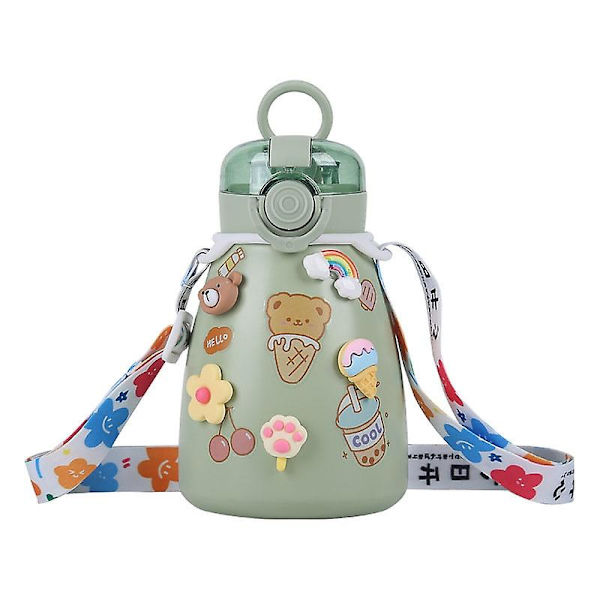 Kawaii vannflaske, sugerør og stor magekopp isolert kald vannflaske (500 ml, grønn)