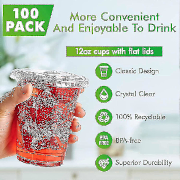 [100 set] 12oz klara plastglas med platta lock, engångsglas, 12 oz plastglas för iskaffe, smoothie, slush, eller andra kalla drycker