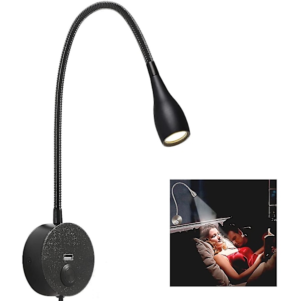 Dimbar nattbordslampe for lesing, minimalistisk LED-lampe for lesing i sengen, montering på hodegavl eller vegg med USB-lader (matt svart)