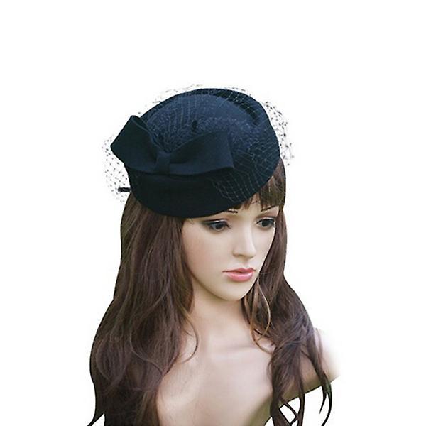 Damhatt Fascinator i Ullfilt med Rosett och Slöja (Svart)