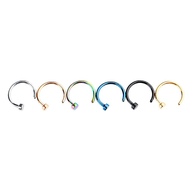 9x6 st. assorterade färger rostfritt stål C-formade näsringar 0,8 mm (20g) x 6 mm