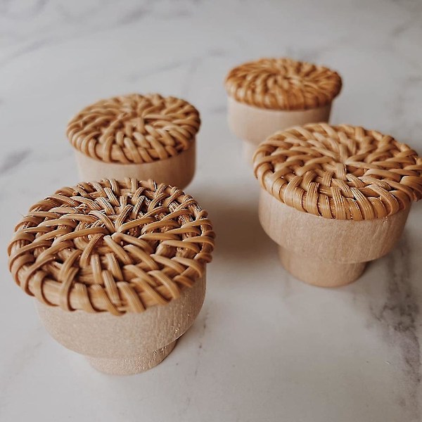 Boho Rattan Skapdører Knopper Runde Tre Skuffeknapper Håndlaget Flettet Vikle Og Skruer For Boho Møbler
