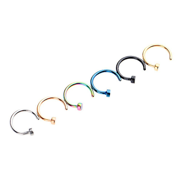 9x6 st. assorterade färger rostfritt stål C-formade näsringar 0,8 mm (20g) x 6 mm