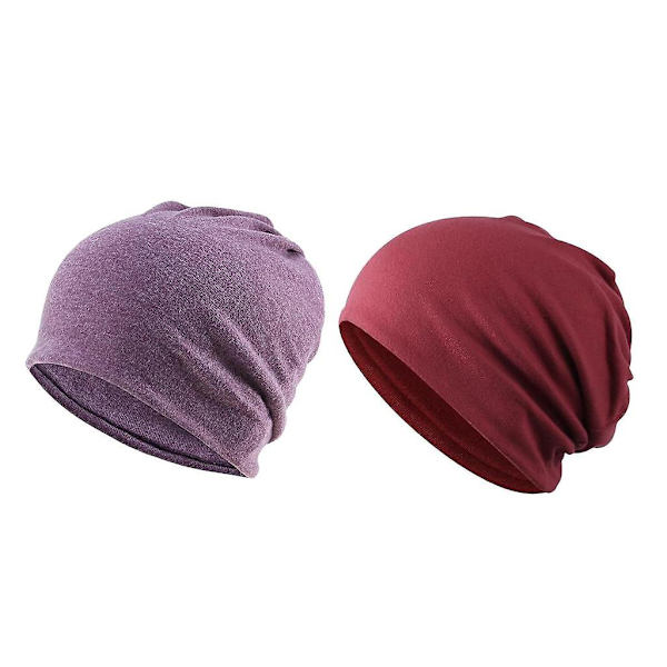 2 Stykker Bomuld Slouchy Baggy Beanie Kemohue Slouchy Hat Lilla+Rød