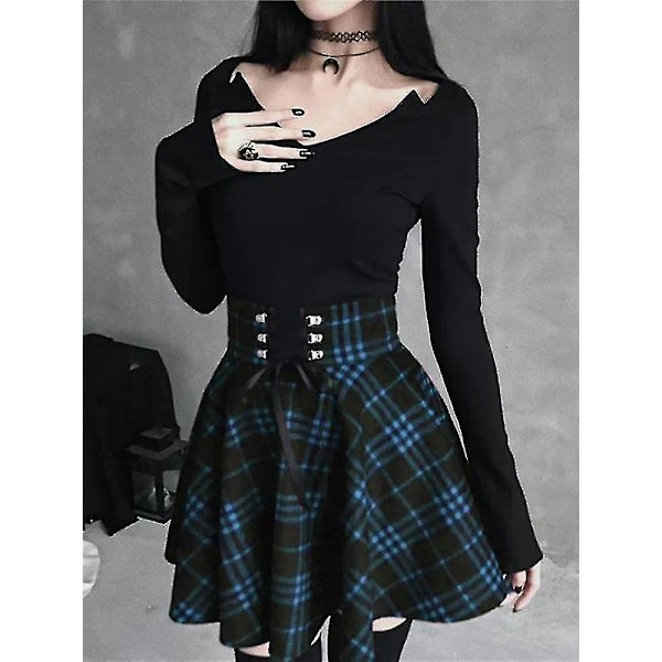 Svart rutete gothic-skjørt for kvinner, plisserte rutete skjørt, vår- og høst, jente, hip hop, kvinne, punk, goth, miniskjørt
