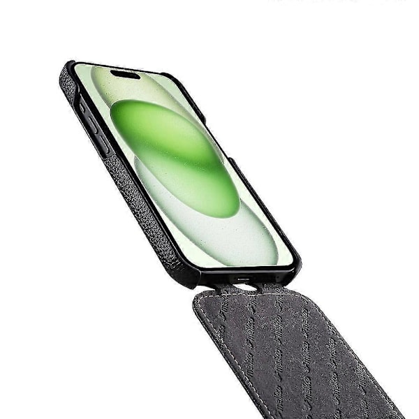 MELKCO Fodral för iPhone 15 Anti-fall Vertikalt Flipp Äkta Ko-Läder+PC-Skydd