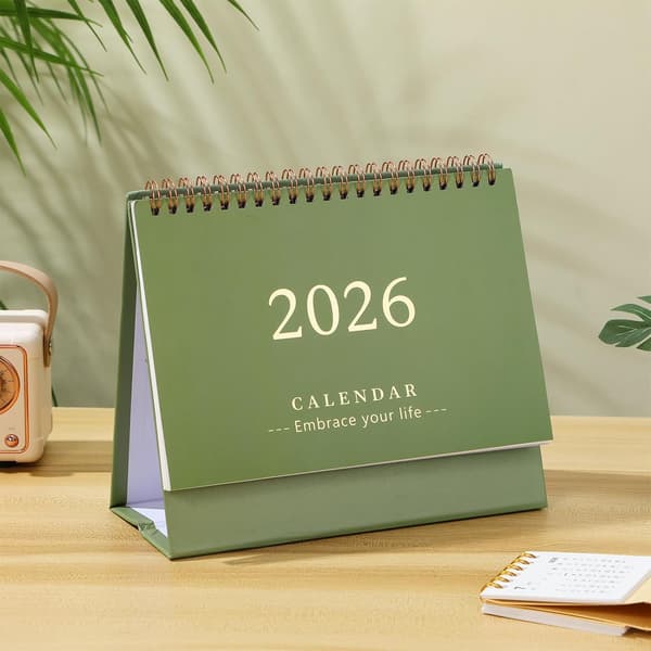 2026 Skrivebordskalender, Vertikal Vendbar Skrivebordskalender, Dobbel Spiralbinding