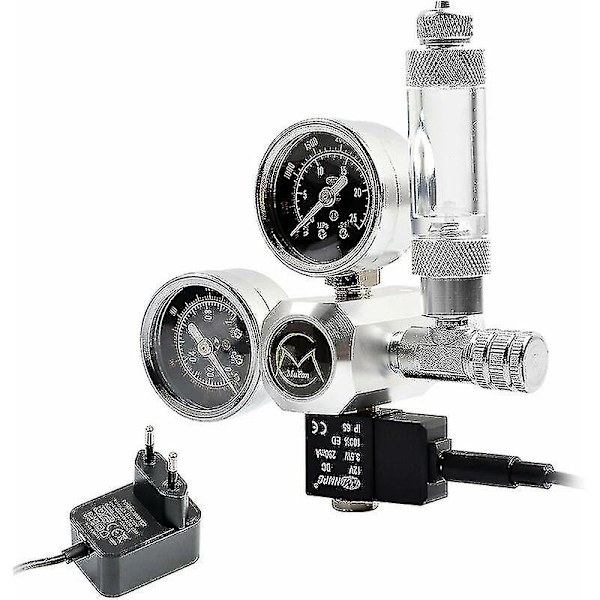 Akvarium CO2-regulator med 12V adapter, trykkreduserer for akvarium, dobbel trykkmåler inkludert bobleregner og sjekventil, W21.8 grensesnitt