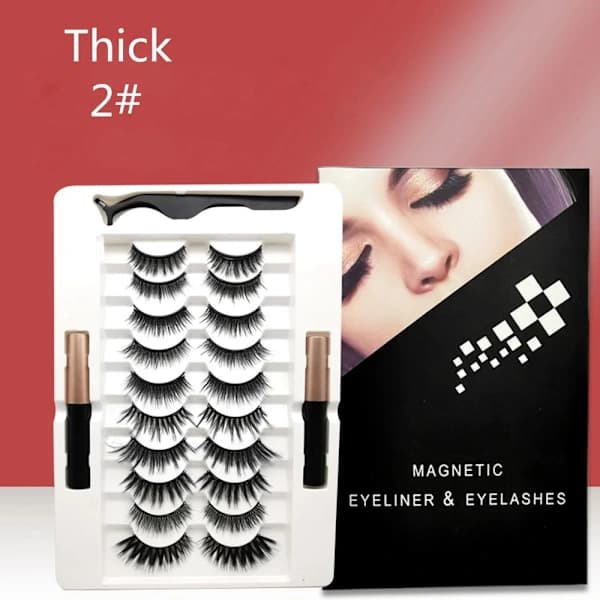 10 par magnetiske øjenvipper, flydende eyeliner og pincetsæt2-tyk Set2-thick