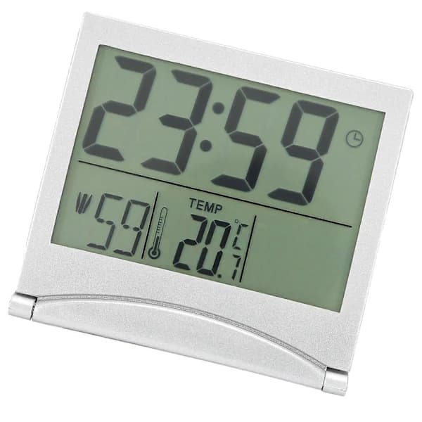 Kompakt sammenfoldelig rejsevækkeur med kalender, temperatur og timer
