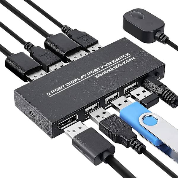 DisplayPort KVM-bryter, 4k@60hz Dp Usb-bryter for 2 datamaskiner, deling av tastatur, mus, skriver og Ult