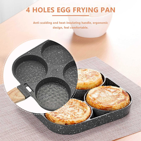 Stekepanne med 4 hull for egg, multifunksjonell hamburger- og biffpanne, non-stick, med trehåndtak