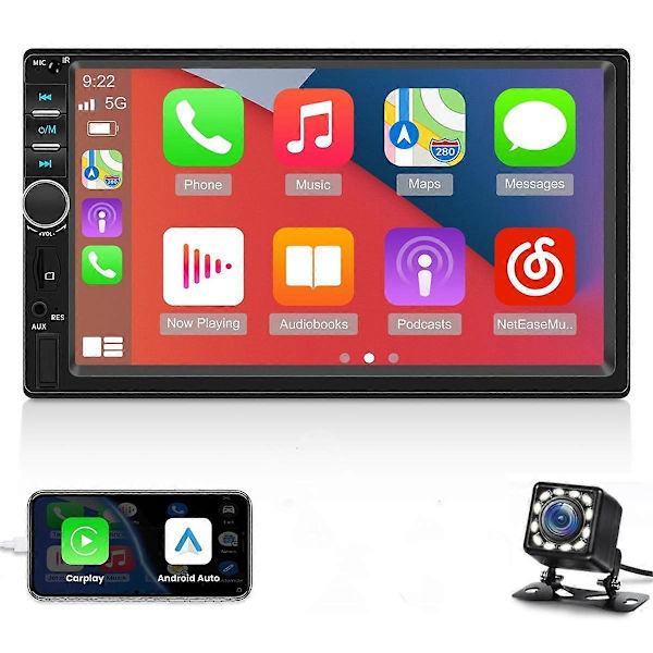 7 Tums Dubbel DIN CarPlay Bilstereo med CarPlay Android Auto, Bilradio med Mirror Link Bluetooth FM Backkamera