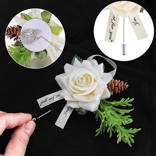 4 stk. Bryllups-Boutonnieres, Hvide Rose Corsage Knaphulsblomster med Nålspænde