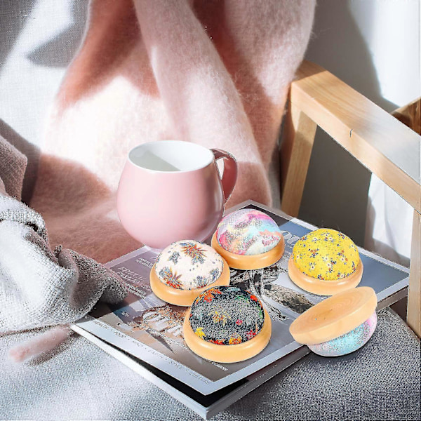 5 st Nålkuddar med Träbotten, Japansk Stil, Runda Nålhållare, Slumpmässiga Färger