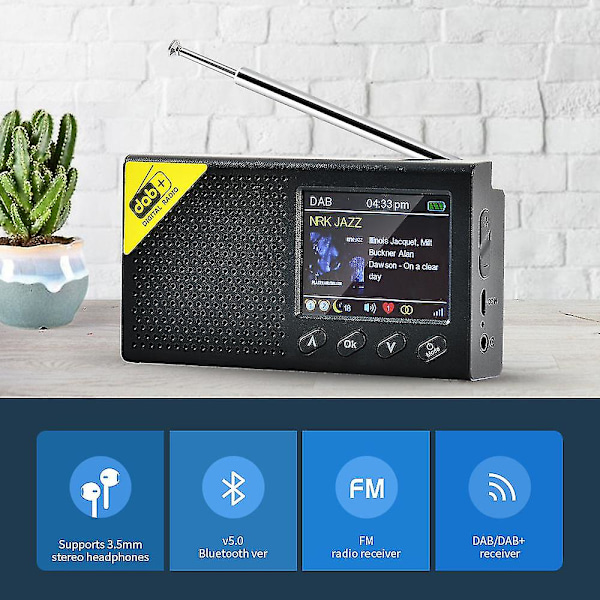 Bærbar DAB-radio - Bluetooth Stereo DAB - DAB+ Digitalradio - FM med 1200mAh Genopladeligt Batteri - LCD-skærm - Dobbelt Alarm og 3,5 mm Hovedtelefon J