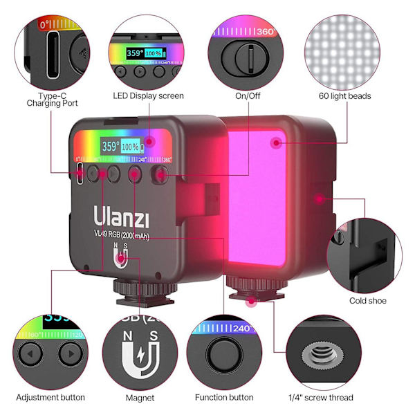 Vl49 RGB LED Fylllys Mini Bærbar Multifunksjonell 2500k-9000k Lommekamera Fylllys Live Pho