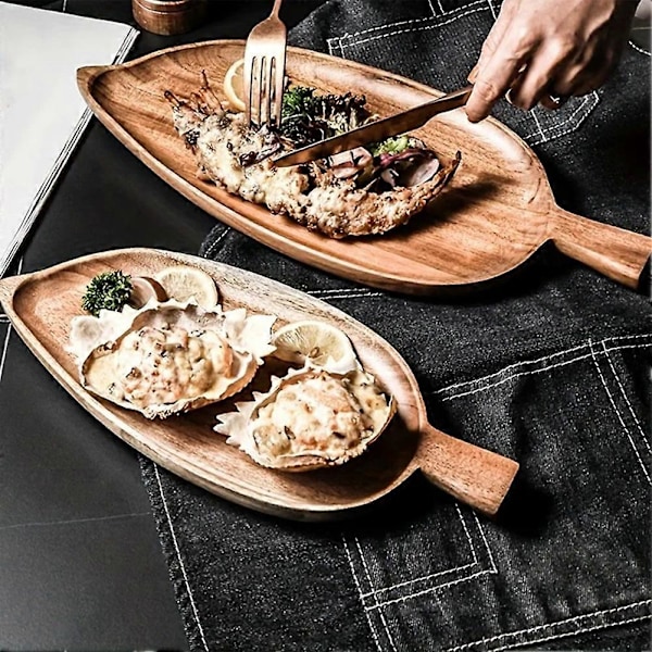 Brett i tre, bladformet, for ettermiddagste, sushi, dessert, frukt, mat, W