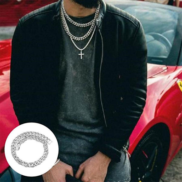 Luksuriøs Cuban Kæde med Bling Bling - Lang, Tung og Besat med Rhinestones - Stærk til Fest - Mænd - Sølv - 18,11 tommer