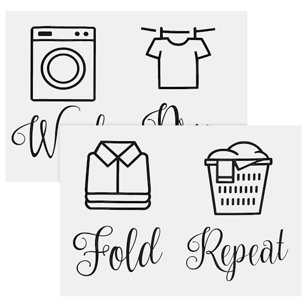 1 Sarja Pesutupa-Tarroja Wash/Dry/Fold/Repeat - Rustiikkinen Pesutupa Taustakuva Deko