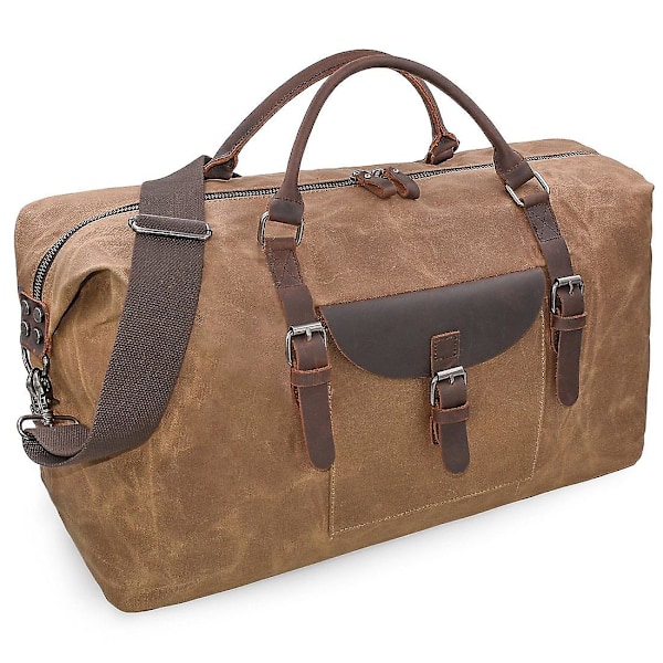 Mens Travel Holdall Duffle Bag Leather Weekend Overnight Bag Waterproof Large Canvas Holdall Camping Bag (Brown)