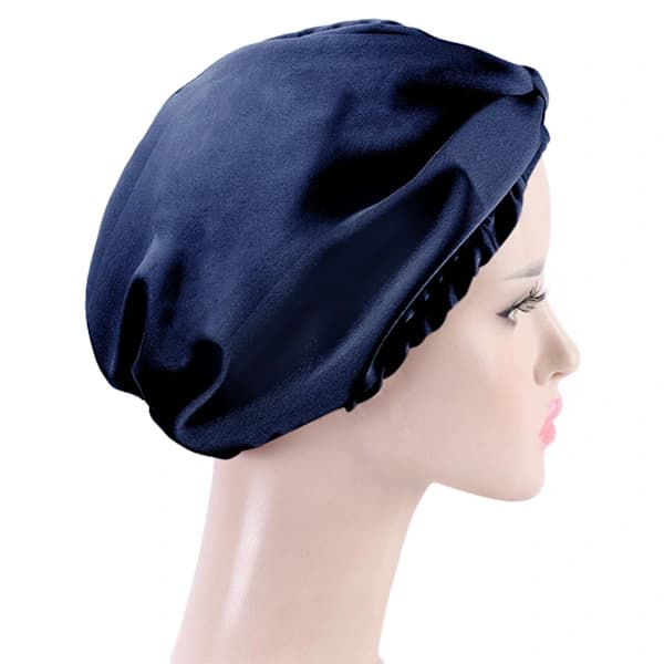 Dobbeltlags imiteret silke sovehætte/hårnet/hovedtørklæde til kvinder med bred elastik Navy blue