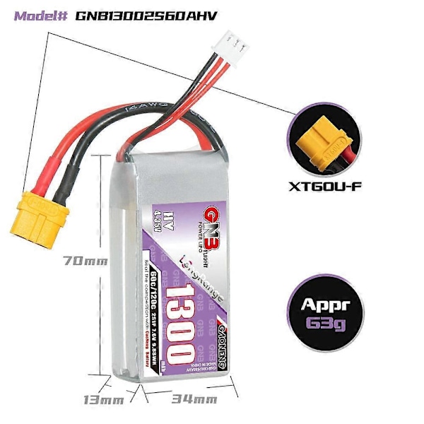Gaoneng GNB 7.6V 1300mAh 60C 2S LiPo Akku XT30 / XT60 -liittimellä RC-droneen