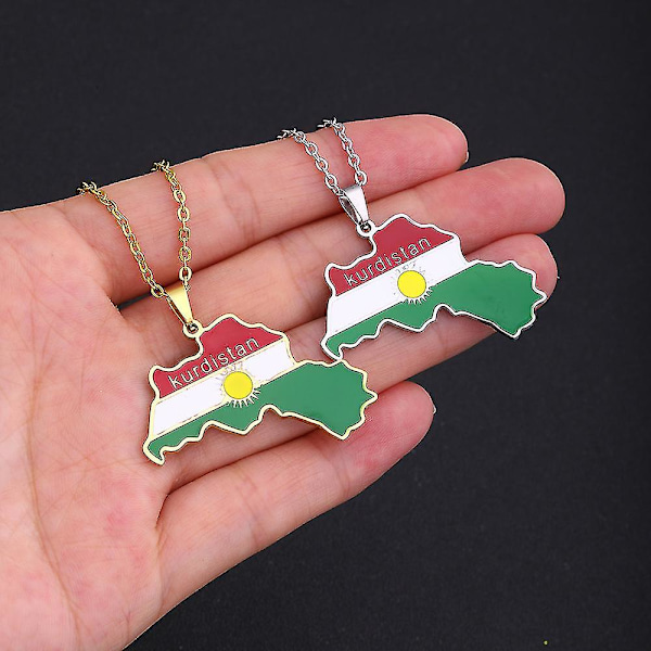 Kurdstan Karta Halsband för Kvinnor Män Kedjor Guld Färg Kurdistan Flagga Karta Hängsmycken Halsband Rostfritt Stål Smycken Present Krage