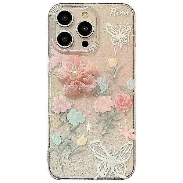 Til iPhone 15 Pro-deksel Mykt TPU 3D Roseblomst Glitrende Telefondeksel