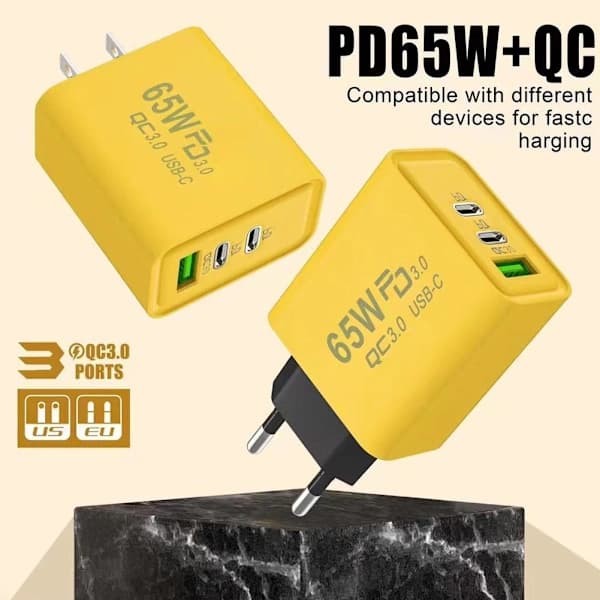 65W USB C-lader hurtiglading EU-plugg PD USB-C Type-C hurtiglading yelllowB EU-PLUGG yelllowB EU-PLUGG