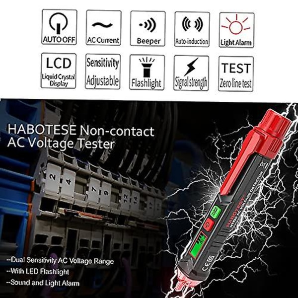 Spänningsmätare utan kontakt, fasmätare, bärbar spänningsmätare utan kontakt i pennform, Valarm-detektor med ljud- och ljuslarm och ljusindikator