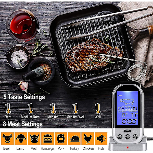 Trådlös Kötttermometer 2024, Fjärrstyrd Digital Kötttermometer för Matlagning, Grill