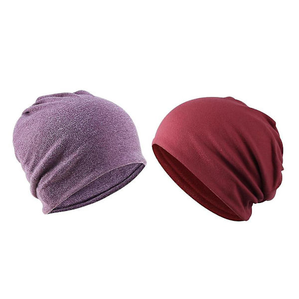 2 Stykker Bomuld Slouchy Baggy Beanie Kemohue Slouchy Hat Lilla+Rød