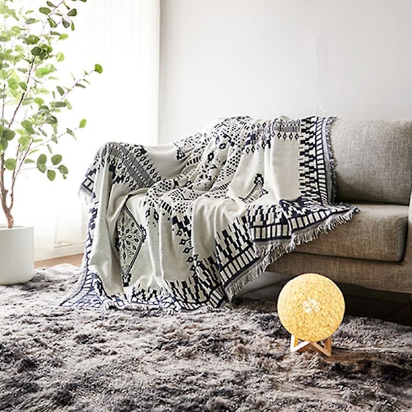 Kääntyvä kaksipuolinen neulottu puuvillainen sohvanpäällinen Boho-tyylinen sohvanpäällinen tummansininen ja valkoinen sohvanpäällinen 90*210cm osittainen sohvanpäällinen sisustuskaluste