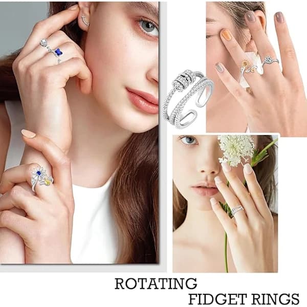 6 stk Fidget angstringer Justerbare ringer sett Justerbare ringer Fidget ringer Dameperlearmbånd, Stablebart