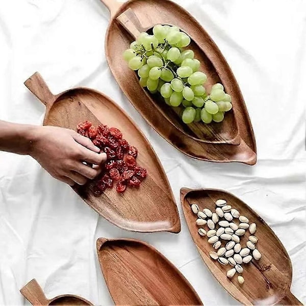 Brett i tre, bladformet, for ettermiddagste, sushi, dessert, frukt, mat, W