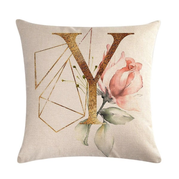 Putetrekk med engelsk alfabet, gyllen geometrisk blomst, lin, 18 x 18 tommer, bokstav Y