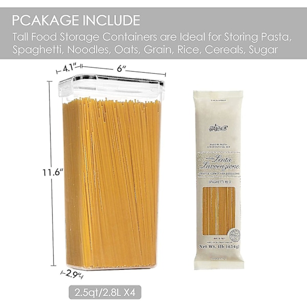 Lufttette matbeholdere med lokk, 4 stk 2,8l pastabeholdere for pantryorganisering og oppbevaring, BPA-fri kjøkkenoppbevaringsbeholdere for S