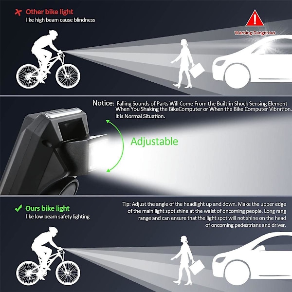 4-i-1 cykellampa med LCD-display hastighetsmätare och tuta USB-uppladdningsbar cykelcomputer för O