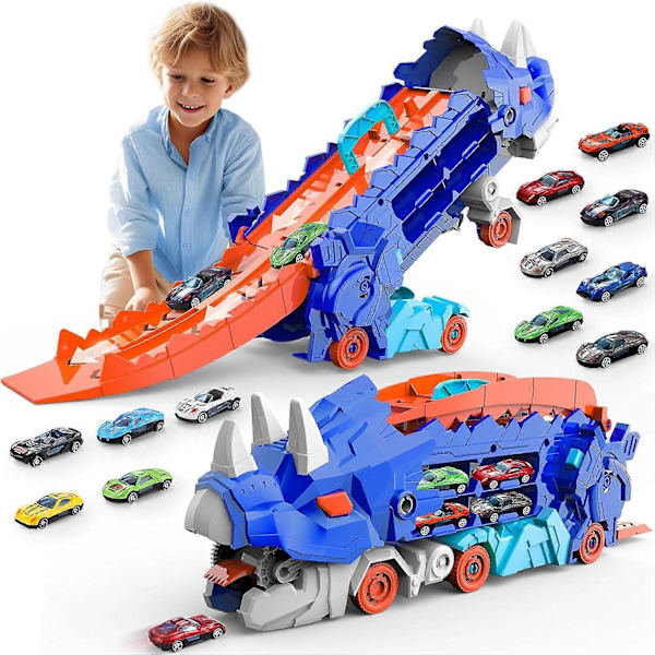 Barnens dinosauriebil leksak med banset förvandlas till Triceratops, Ultimate City Dinosaur Transporter med 4 fordon, pojkar födelsedagspresent leksak