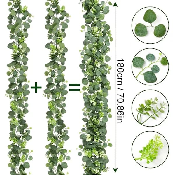 Julepynt: Kunstige eukalyptusblade med blomster, simuleret grøn krans hængepynt.