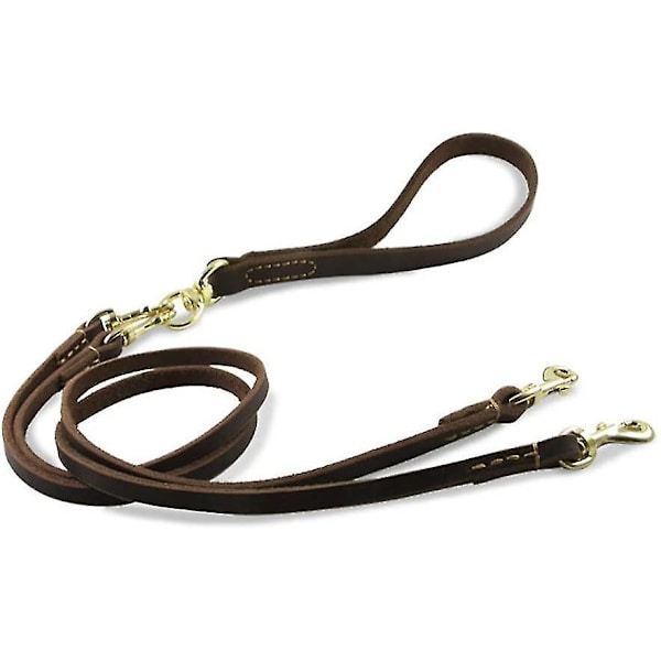 Dobbel Hundeleie i Lær med Avtakbar Kobling for å Forhindre Kveiling, Robust Metall, 120 cm Lengde, Hundeseler for 2 Hunder, Gåtur og Trening