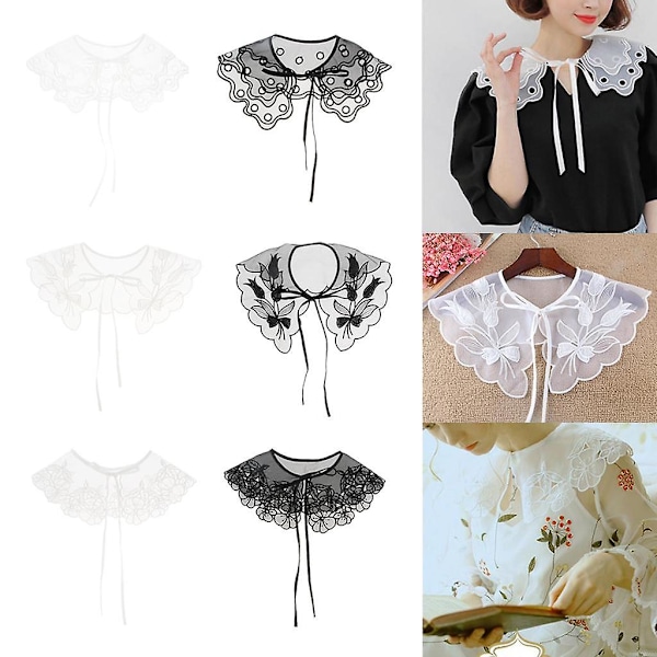 Chiffon Blonder med Blomstermønster - Avtakbar Halv Skjorte Bluser - Falsk Krage - Hvit 01