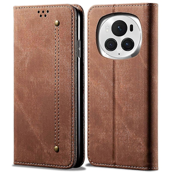 For Honor Magic6 Pro 5G Læderetui Wallet Telefon Cover Jeansstof Struktur - Kaffe