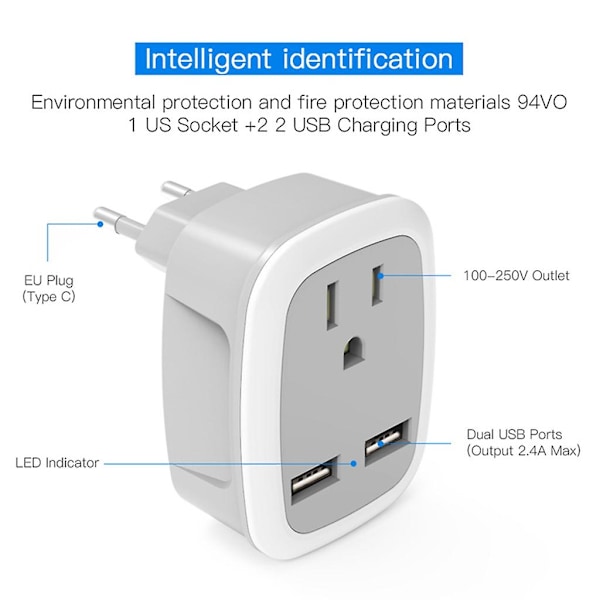 Multifunksjonell US til Europeisk/UK/IT/for CH Reisepluggadapter med 2 USB 3 inn