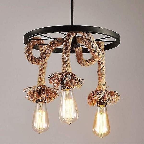 Rebirth Hemp Tauverk Hengelampe Chandelier 3 Lampe E27, Retro Industriell Hjul Taklampe For Restaurant Stue