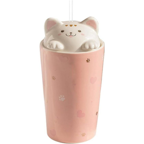 Kattkaffemugg med sugrör, keramisk resekopp med 3D-kattungelucka, återanvändbar för te, mjölk, bubbelte