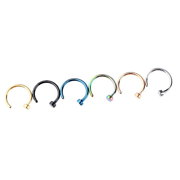 9x6 st. assorterade färger rostfritt stål C-formade näsringar 0,8 mm (20g) x 6 mm